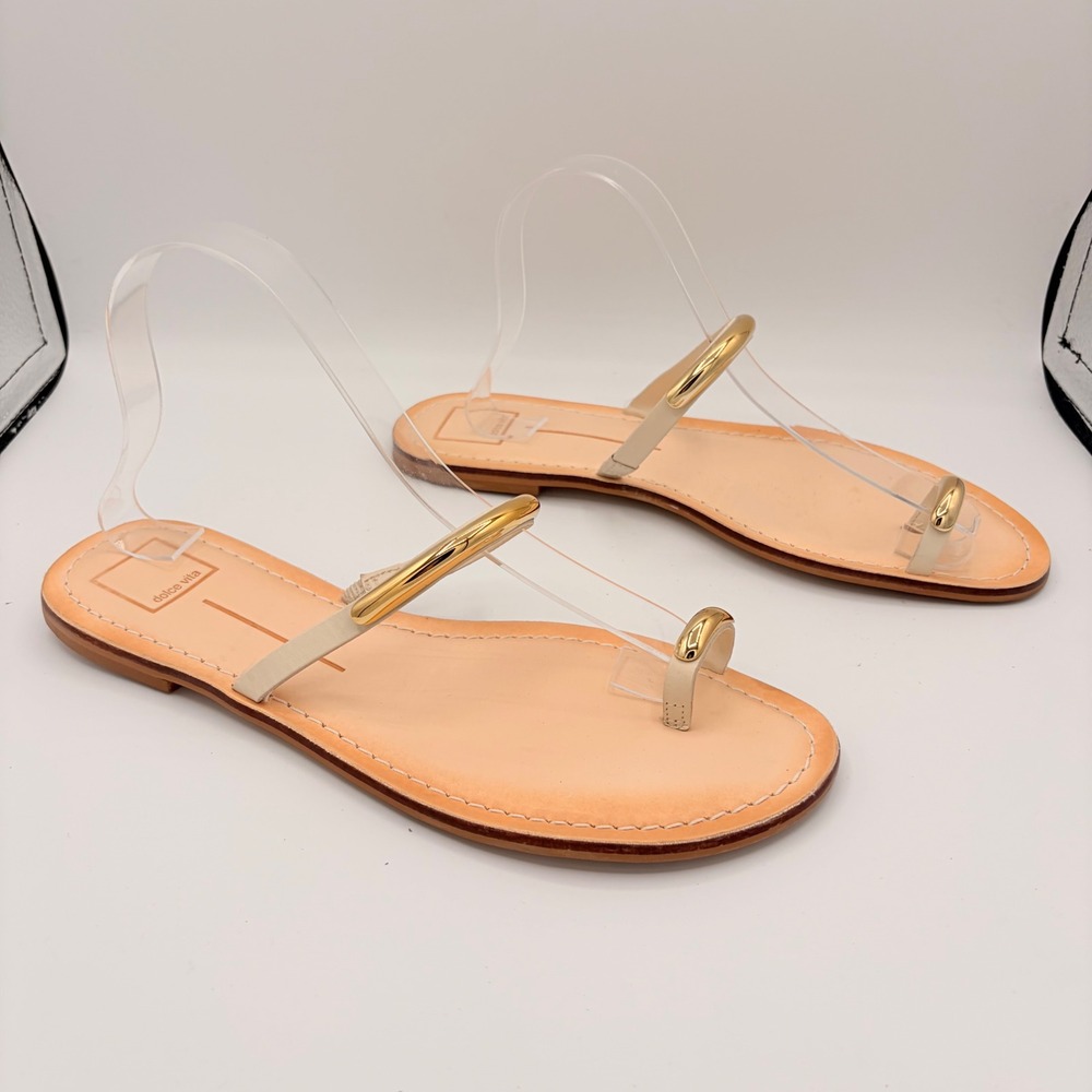 Dolce Vita Flat Sandals Size 10 Minimalist Cream Gold Toe Ring Slide Hardware